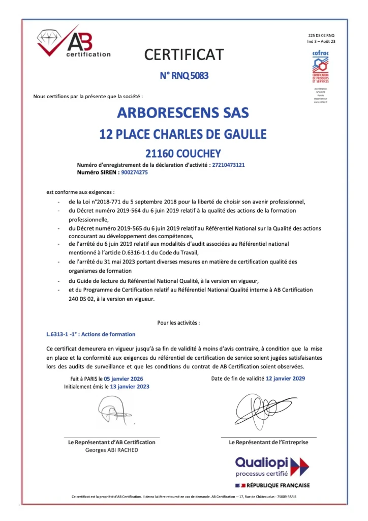 ARBORESCENS SAS Certificat Qualiopi - 2026-2029 signé